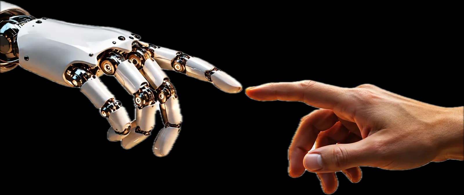 A robot hand and a human hand reaching toward each other, fingertips almost touching.