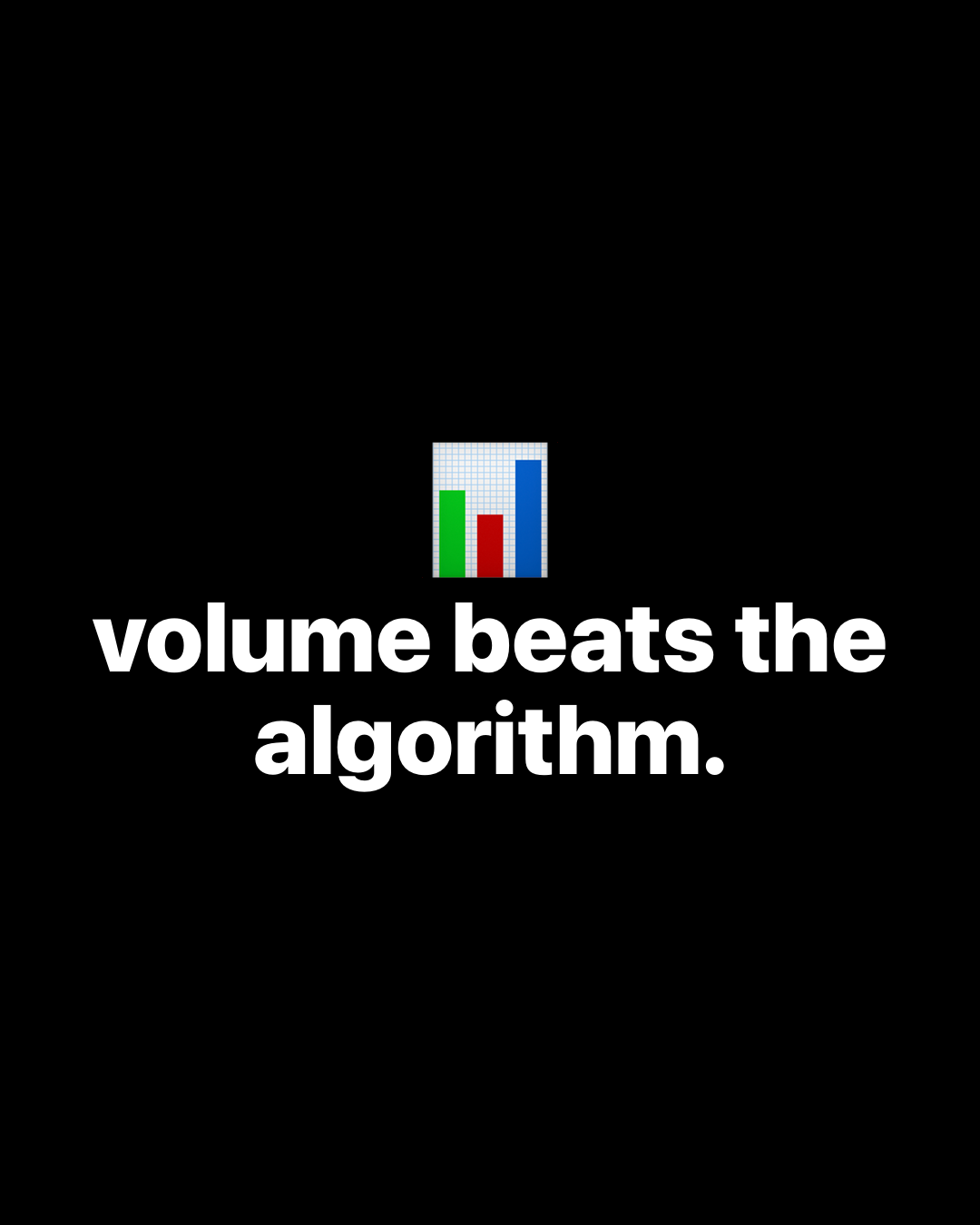 Bar chart emoji with bold white text on black reading: volume beats the algorithm.