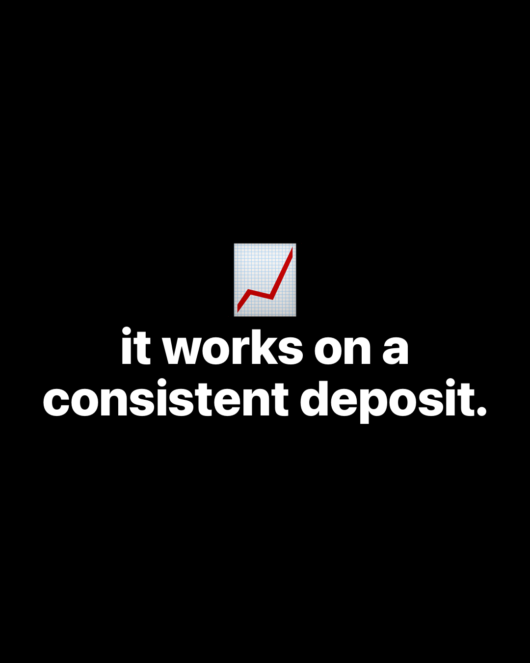 Chart with upward trending line emoji on black background with bold white text reading: it works on a consistent deposit.