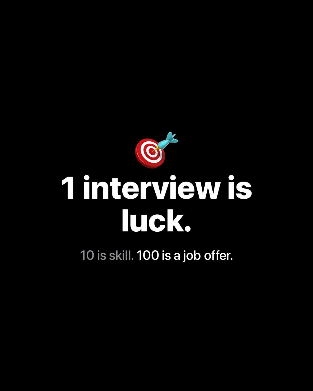 Bullseye target emoji on black background with bold white text reading: 1 interview is luck. Subtitle reads: 10 is skill. 100 is a job offer.