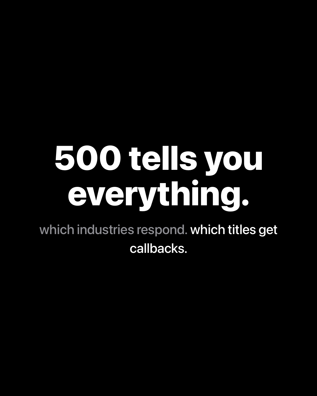 Bold white text on black reading: 500 tells you everything. Which industries respond. Which titles get callbacks.