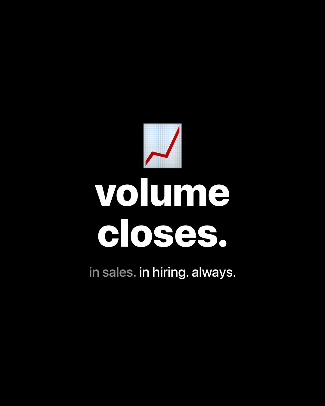 Chart emoji with bold white text on black: volume closes. in sales. in hiring. always.